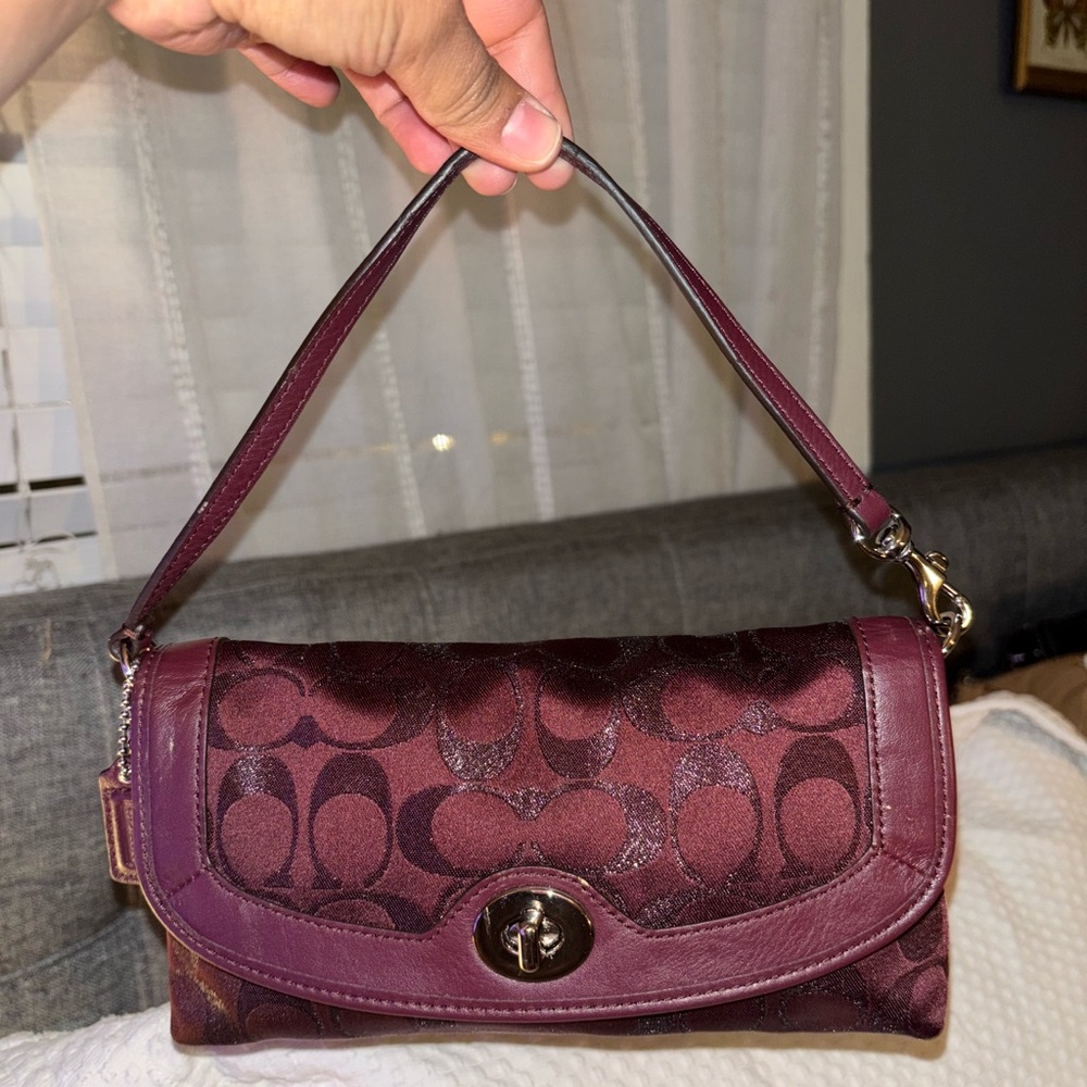 Coach Cherry Red Burgundy Signature Canvas Clutch Shoulder Purse